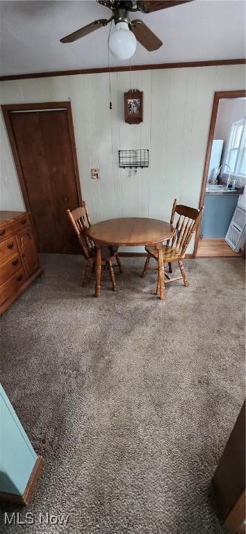 unfurnished dining area featuring ornamental molding, ceiling fan, and carpet flooring