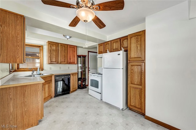 kitchen with ceiling fan, white appliances, and sink