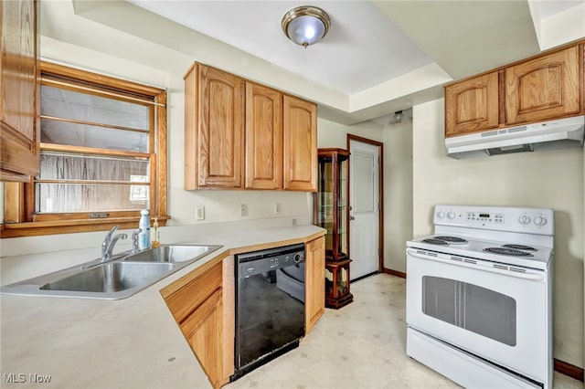 kitchen featuring a raised ceiling, dishwasher, sink, and white electric range