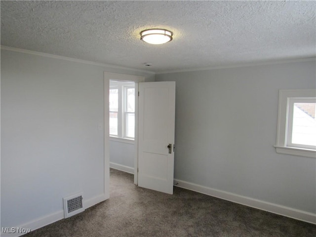 carpeted empty room featuring crown molding, a textured ceiling, and a wealth of natural light