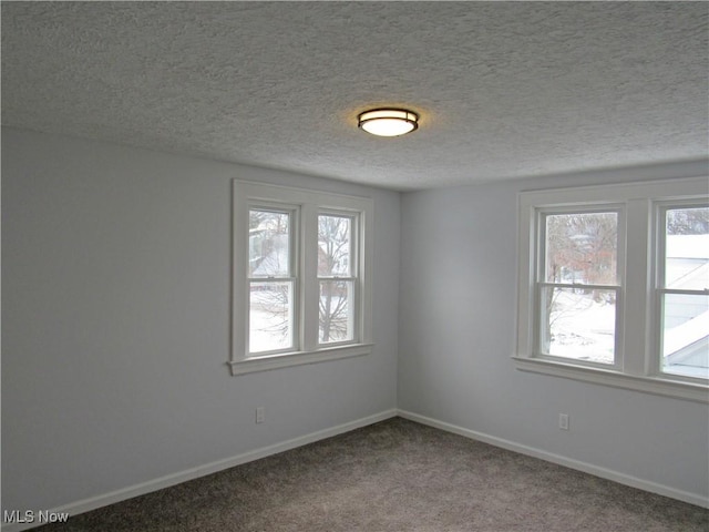 carpeted empty room with a healthy amount of sunlight and a textured ceiling