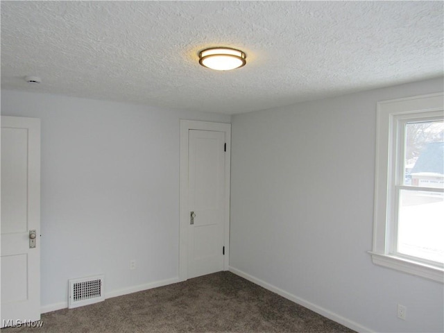 carpeted empty room with a healthy amount of sunlight and a textured ceiling