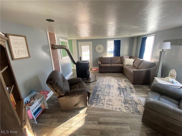 living room featuring hardwood / wood-style floors and a textured ceiling