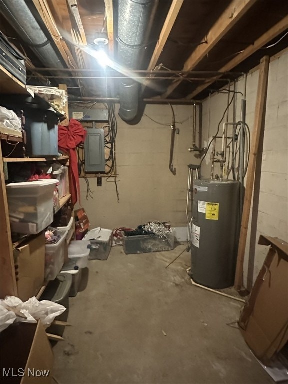 basement with electric panel and water heater