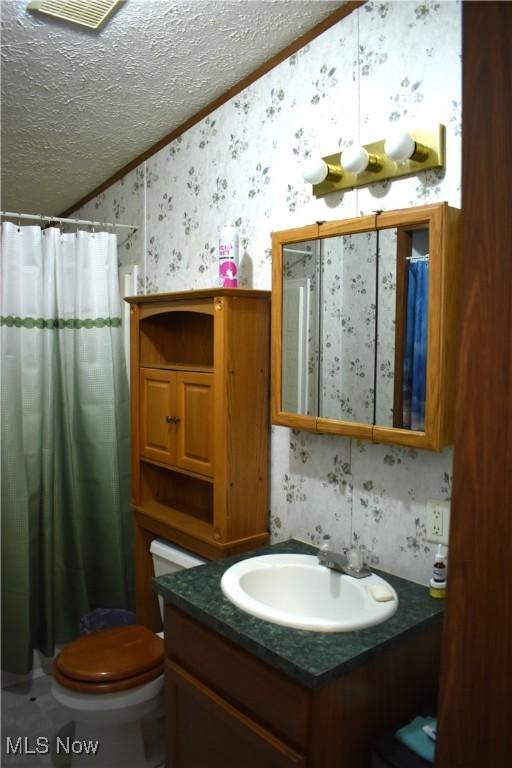 bathroom with lofted ceiling, vanity, ornamental molding, toilet, and a textured ceiling