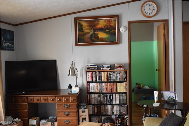 interior space featuring crown molding, lofted ceiling, and a textured ceiling