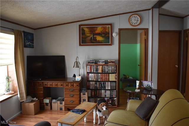 living room with lofted ceiling, ornamental molding, and a textured ceiling