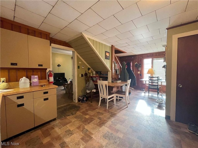 kitchen featuring wooden walls