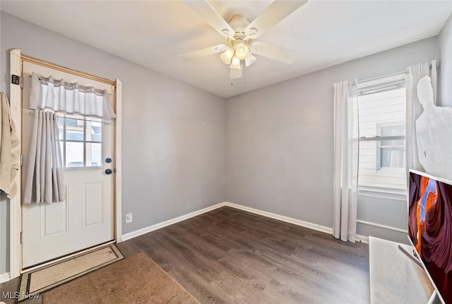 doorway to outside with ceiling fan and dark hardwood / wood-style flooring