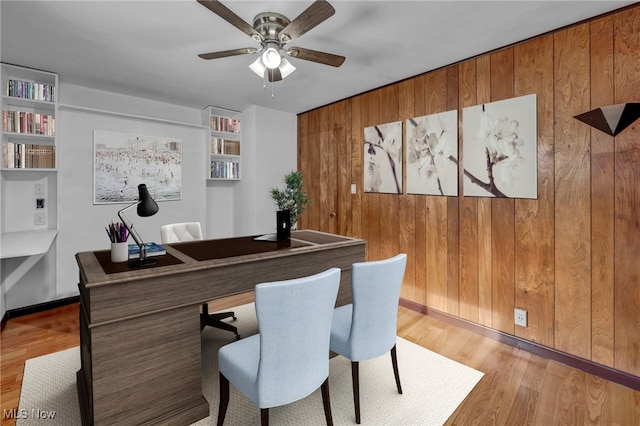 home office featuring hardwood / wood-style flooring, ceiling fan, and wood walls