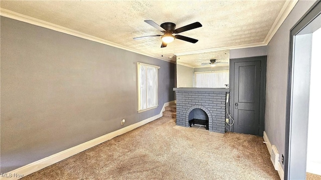 unfurnished living room with ornamental molding, light colored carpet, and a textured ceiling