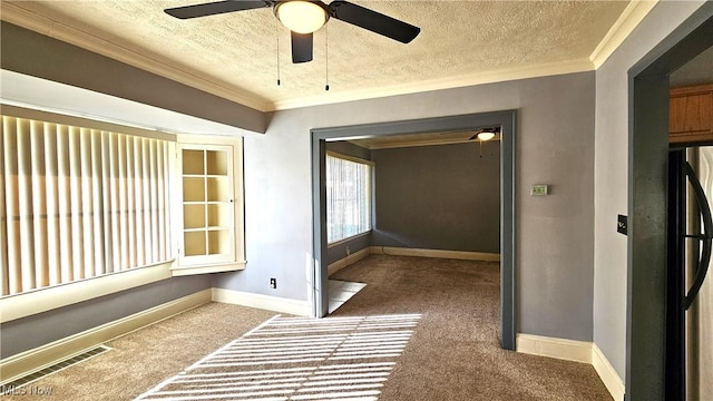 interior space featuring ornamental molding, carpet floors, and a textured ceiling