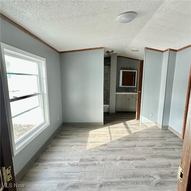 empty room with light hardwood / wood-style flooring, a textured ceiling, and vaulted ceiling