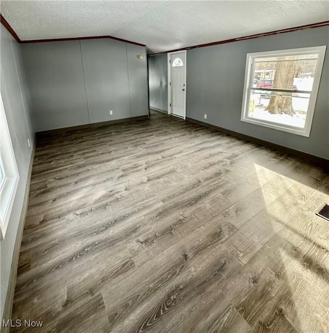 empty room with a textured ceiling and light hardwood / wood-style flooring