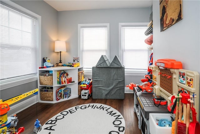 recreation room with dark hardwood / wood-style flooring