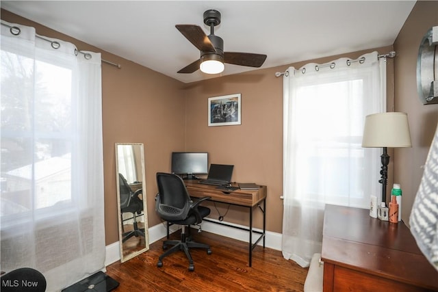 home office featuring dark hardwood / wood-style floors and ceiling fan