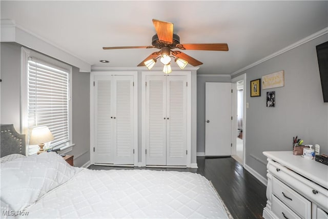 bedroom featuring crown molding, dark hardwood / wood-style floors, ceiling fan, and two closets