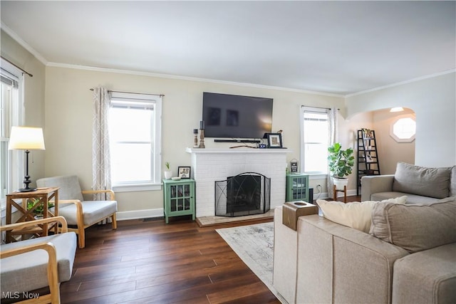 living room with crown molding, a fireplace, dark hardwood / wood-style floors, and a healthy amount of sunlight