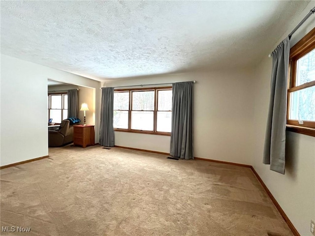 spare room with light carpet and a textured ceiling