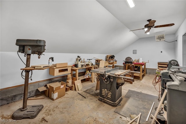 miscellaneous room with vaulted ceiling, a workshop area, and ceiling fan