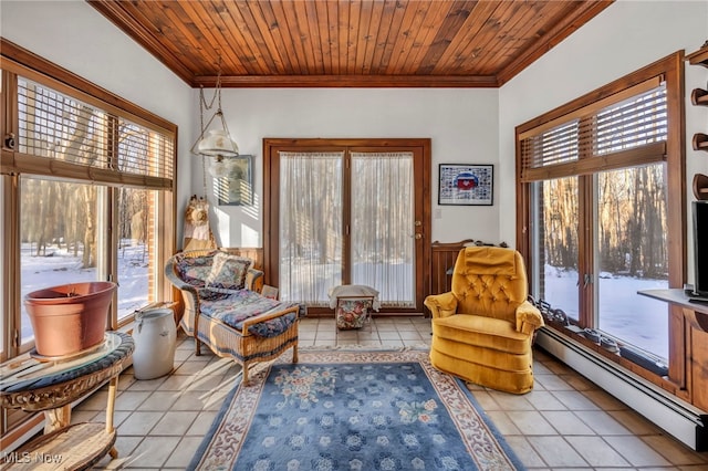 living area featuring a baseboard radiator, plenty of natural light, crown molding, and wood ceiling