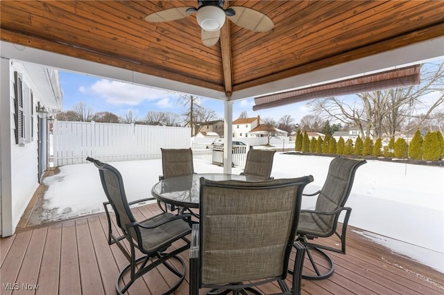 snow covered deck featuring ceiling fan