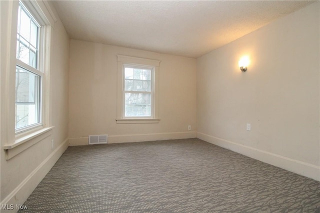 carpeted spare room featuring plenty of natural light and a textured ceiling