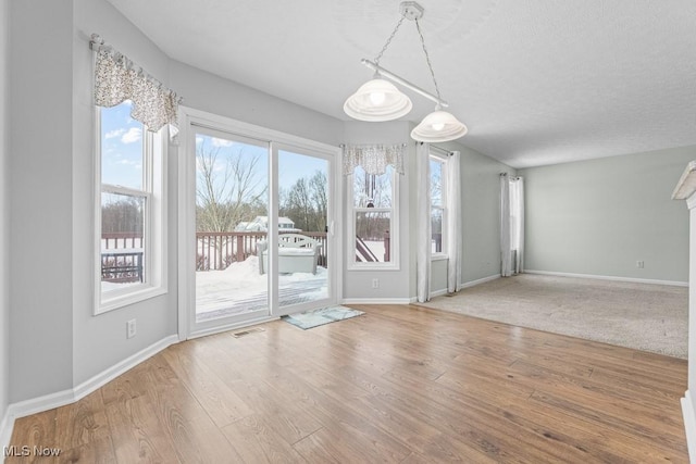 unfurnished dining area with hardwood / wood-style flooring and a textured ceiling