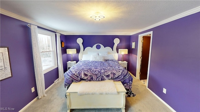 bedroom featuring crown molding, light colored carpet, and a textured ceiling