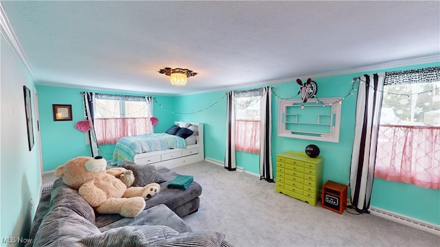 bedroom featuring crown molding, a baseboard radiator, light colored carpet, and a textured ceiling