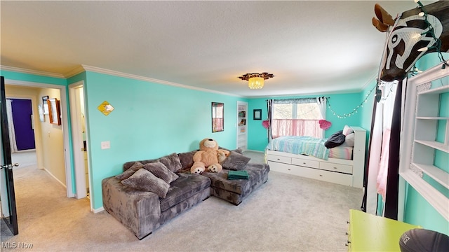 bedroom with crown molding and light carpet