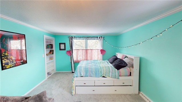 unfurnished bedroom featuring crown molding, light colored carpet, and a baseboard heating unit