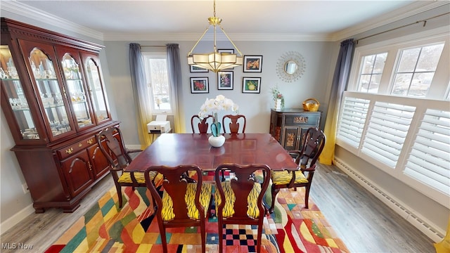 dining space featuring crown molding, hardwood / wood-style flooring, and a baseboard radiator