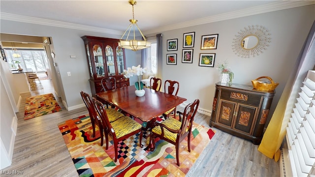 dining area with crown molding and light hardwood / wood-style floors