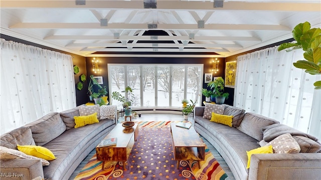 living room with beam ceiling and wood-type flooring