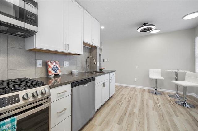 kitchen with white cabinetry, sink, backsplash, stainless steel appliances, and light wood-type flooring