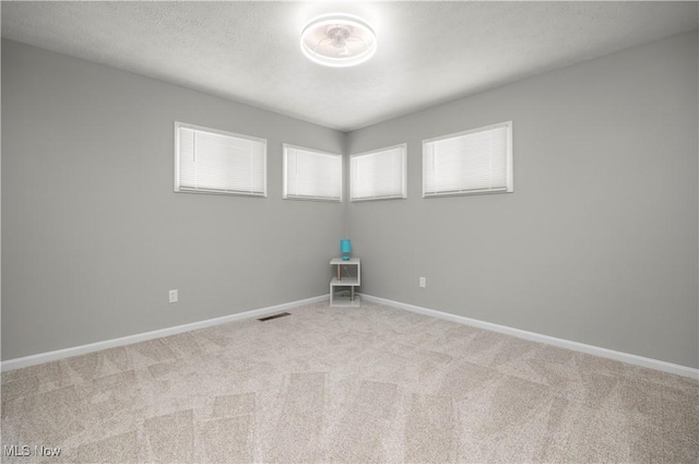 spare room featuring light carpet and a textured ceiling