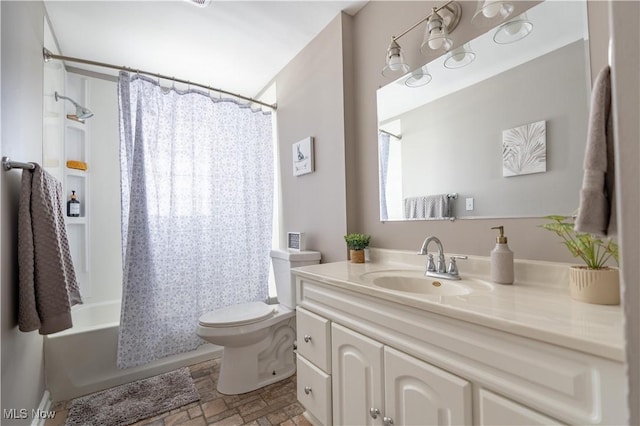 full bathroom featuring shower / bathtub combination with curtain, vanity, and toilet