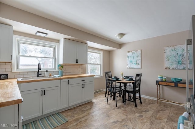 kitchen with sink, decorative backsplash, and white cabinets