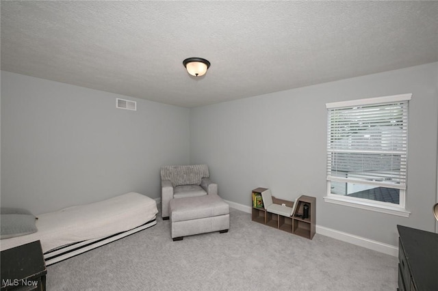 sitting room featuring light carpet and a textured ceiling