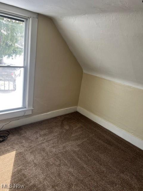 bonus room featuring plenty of natural light, carpet flooring, and vaulted ceiling