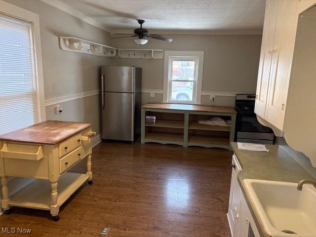 kitchen featuring sink, ceiling fan, stainless steel appliances, crown molding, and dark wood-type flooring