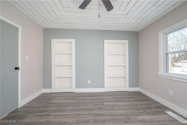 unfurnished room with built in shelves, wooden ceiling, and dark hardwood / wood-style floors