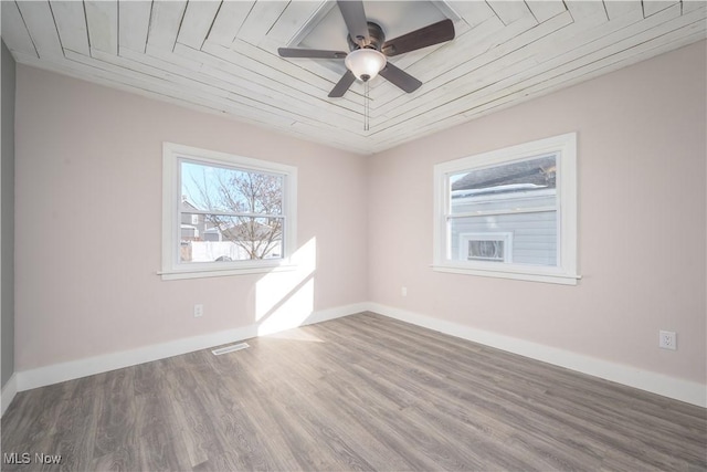 unfurnished room with hardwood / wood-style floors, wood ceiling, and ceiling fan