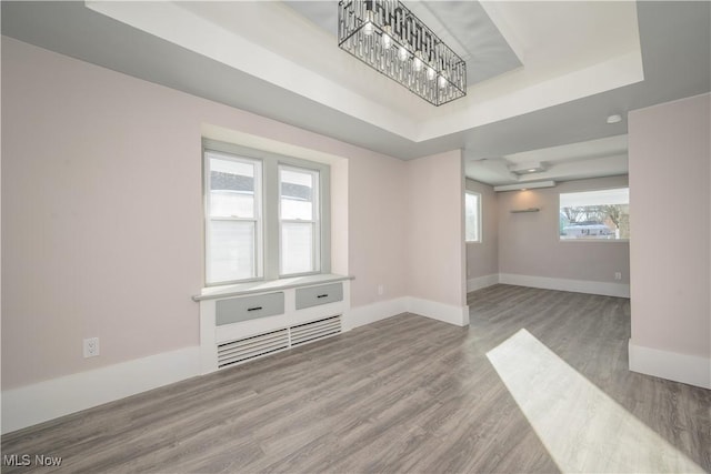 unfurnished living room with hardwood / wood-style flooring and a tray ceiling