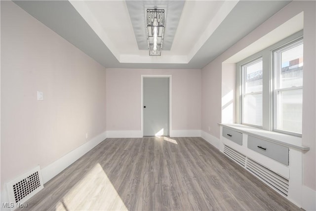 spare room featuring a tray ceiling and hardwood / wood-style floors