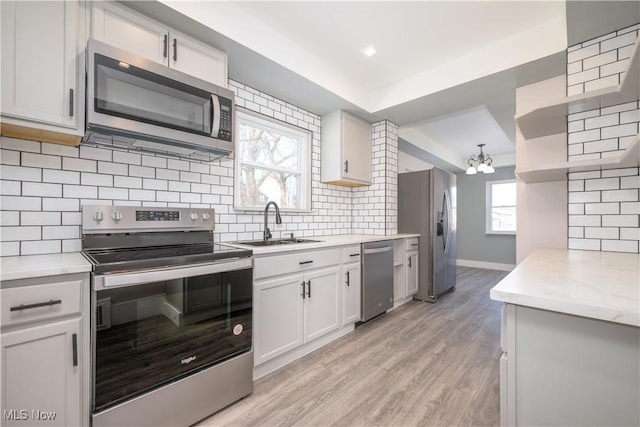 kitchen featuring sink, light wood-type flooring, appliances with stainless steel finishes, white cabinets, and backsplash