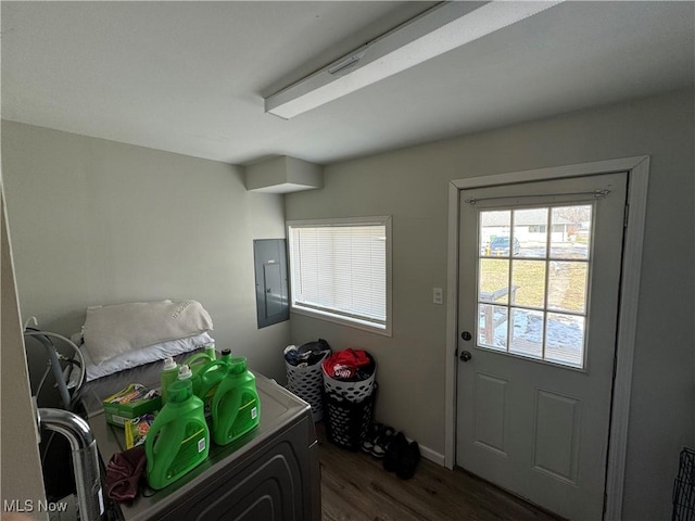 doorway to outside with dark hardwood / wood-style floors and electric panel