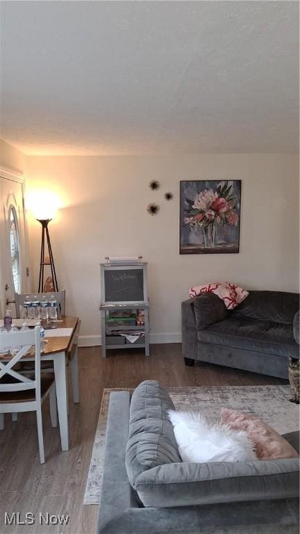 living area with baseboards and wood finished floors