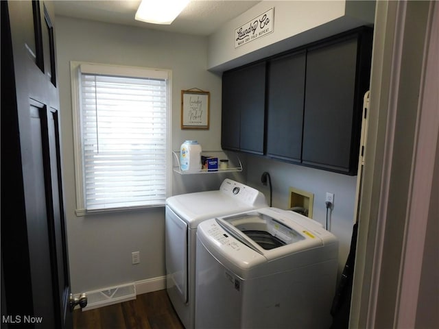 laundry area with cabinets, dark hardwood / wood-style floors, and separate washer and dryer